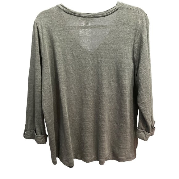 Chico’s size 3/XL army green 100% linen 2/3 button cuff sleeve v neck top - Picture 2 of 7